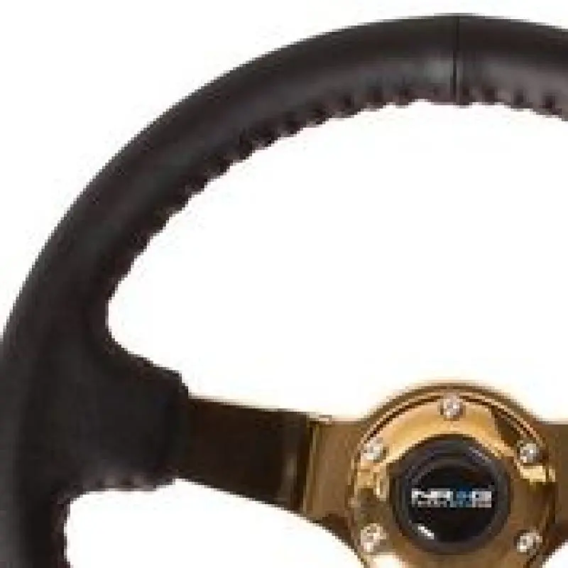 Nrg Reinforced 350Mm Steering Wheel – Black Leather, Red Basketball Stitch, Gold Spoke, 3In Depth 1