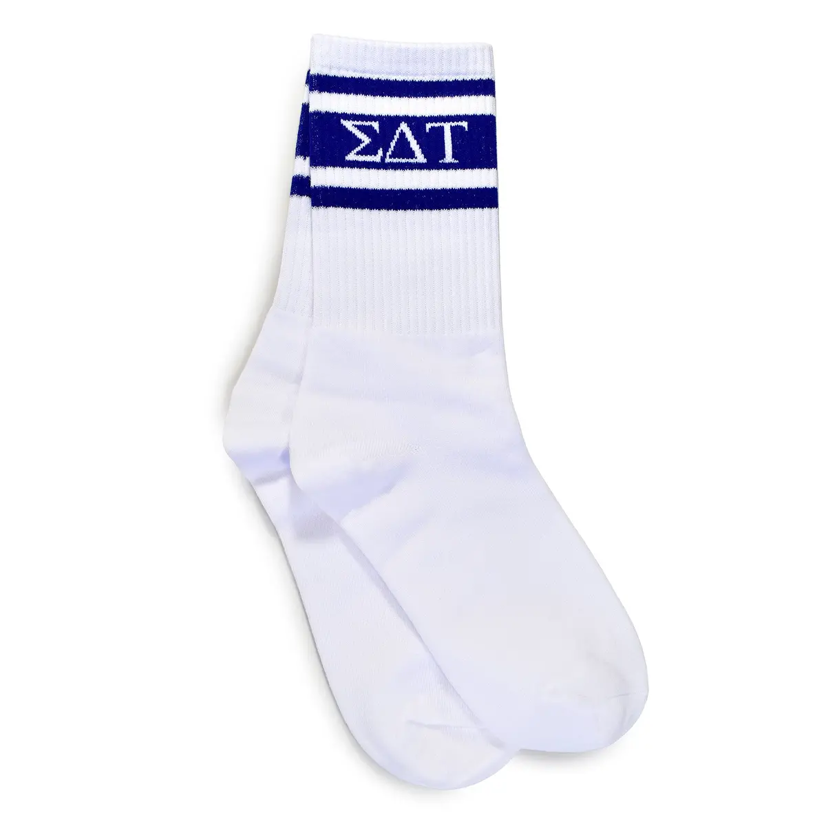 Sigma Delta Tau Socks- Striped Varsity Crew Socks With Greek Letters 1