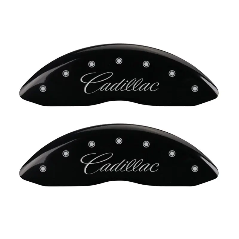 Mgp 4 Caliper Covers Engraved Front Cursive/Cadillac Engraved Rear Cts Black Finish Silver Ch 1