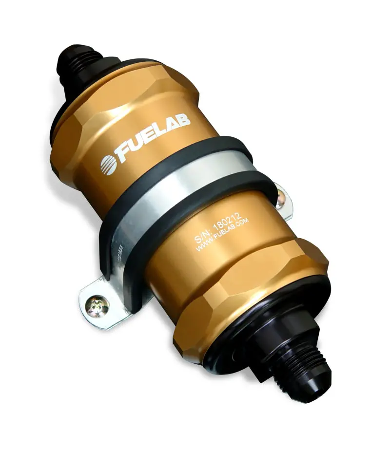 Fuelab 818 Inline Fuel Filter – -10An In / -8An Out, 10-Micron Fabric, Gold Anodized 1