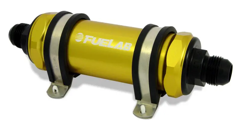 Fuelab 858 High-Flow Inline Fuel Filter – -12An Inlet / -8An Outlet, 100-Micron Stainless Steel With Integrated Check Valve (Gold Finish) 1