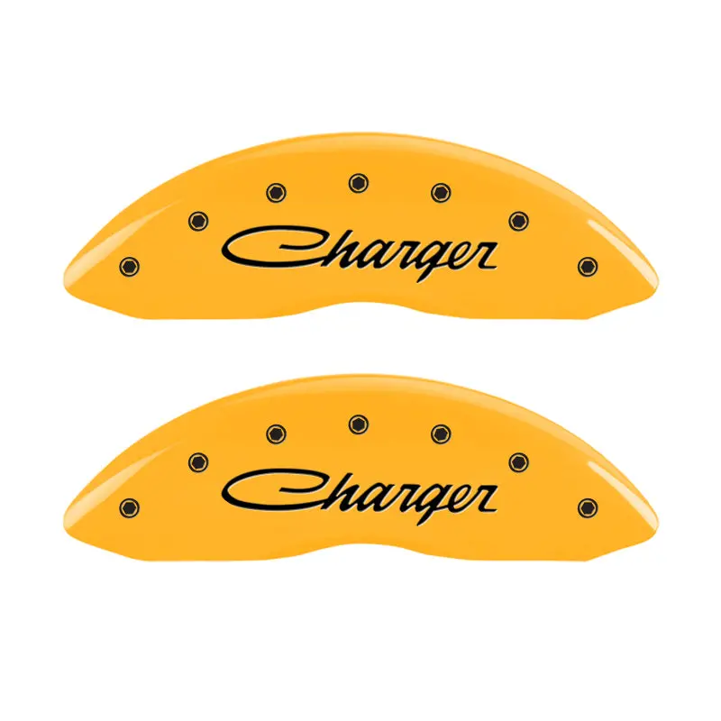 Mgp Engraved Caliper Covers – Front & Rear Set For 2005–2010 Dodge Charger R/T, Yellow Finish W/Black Cursive Logo 1