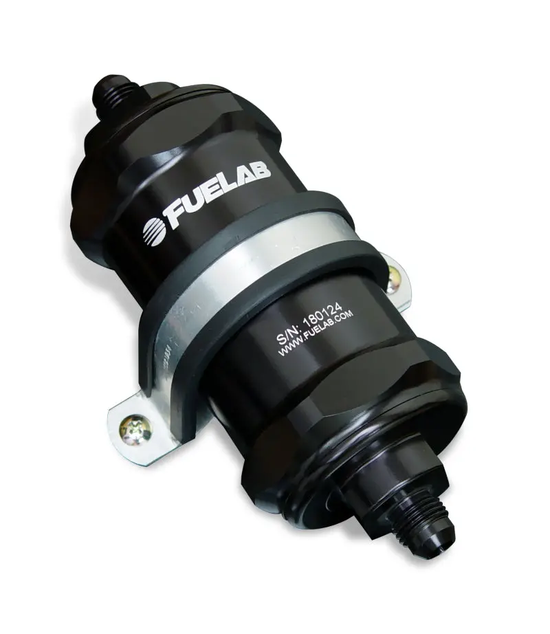 Fuelab 818 Inline Fuel Filter — -8An Inlet / -6An Outlet, 10-Micron Black Filter Element 1