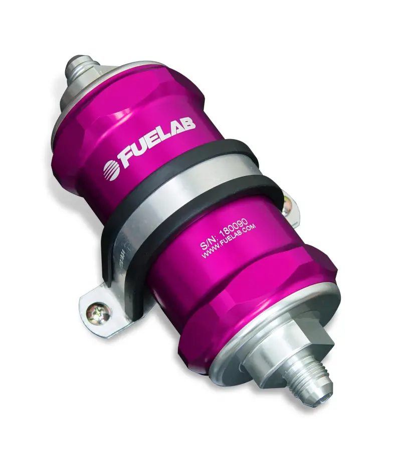 Fuelab 818 Inline Fuel Filter – -8An Inlet, -6An Outlet, 6-Micron Fiberglass Media, Purple Anodized Housing 1