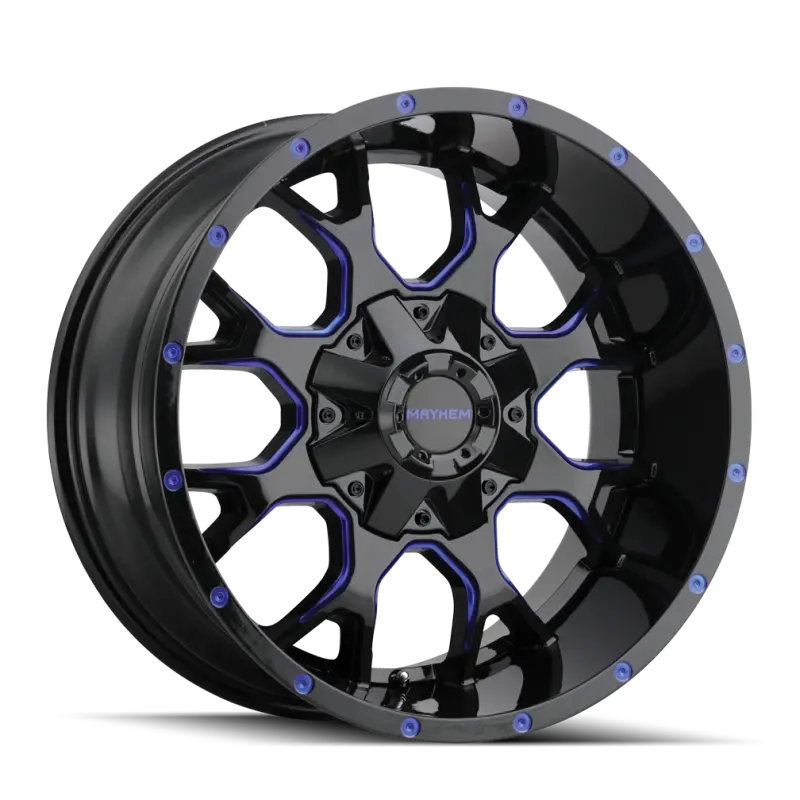 Mayhem Warrior Forged Aluminum Wheel – 20X10 Inches, 8X165.1 Bolt Pattern, -25Mm Offset, 130.8Mm Hub Bore, Black With Prism Blue Accent 1